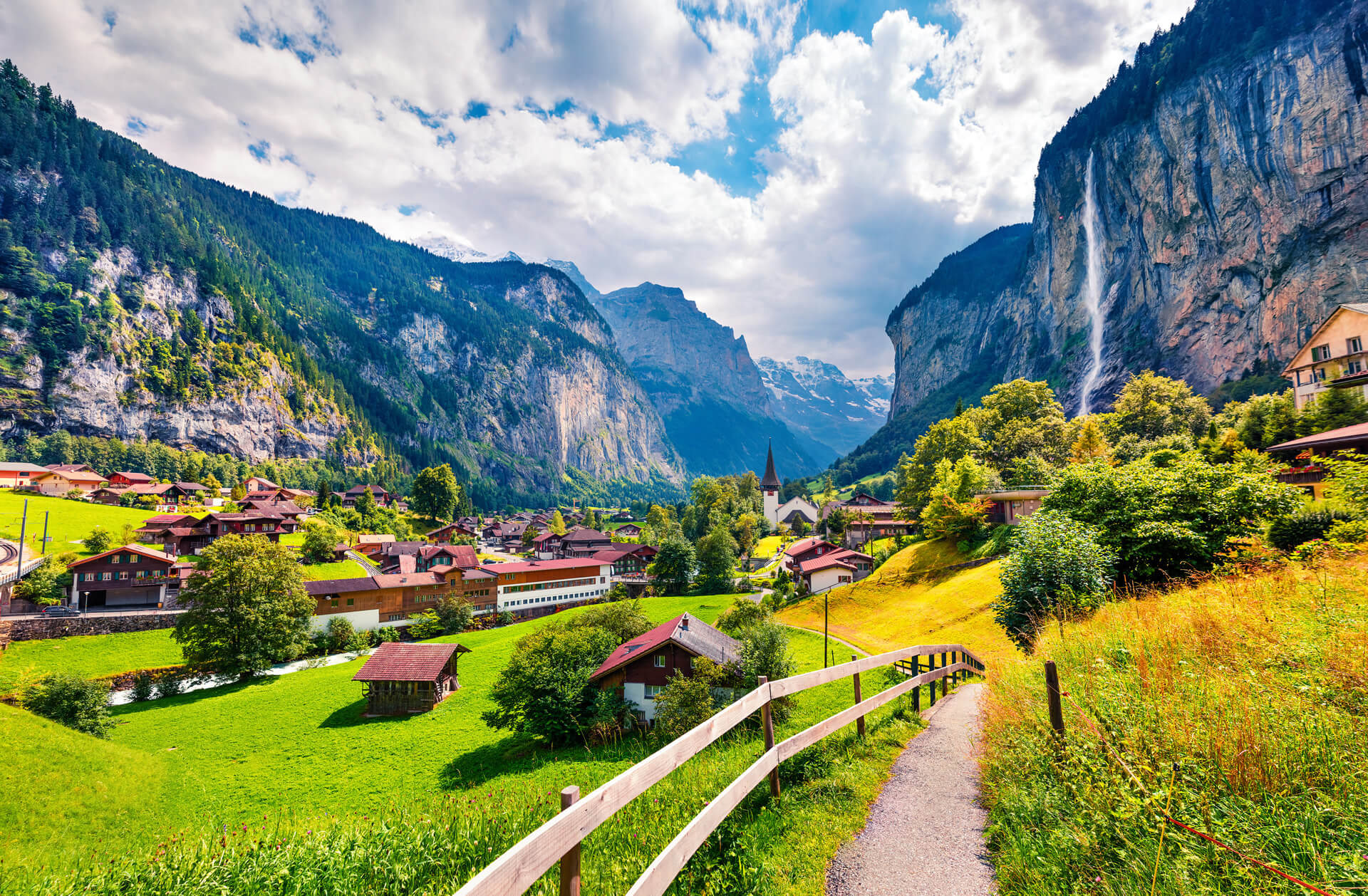 Great Waterfall in Lauterbrunnen Village Bern